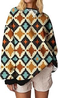 Women's Spring/Fall Vintage Western Aztec Print Graphic Sweatshirt with Striped Splicing Crew Neck Pullover