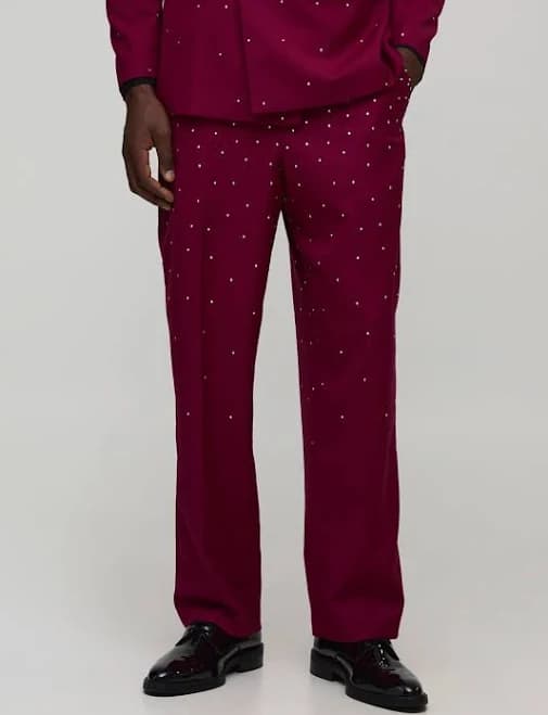 boohooMAN Men's Relaxed Fit Rhinestone Embellished Suit Trousers