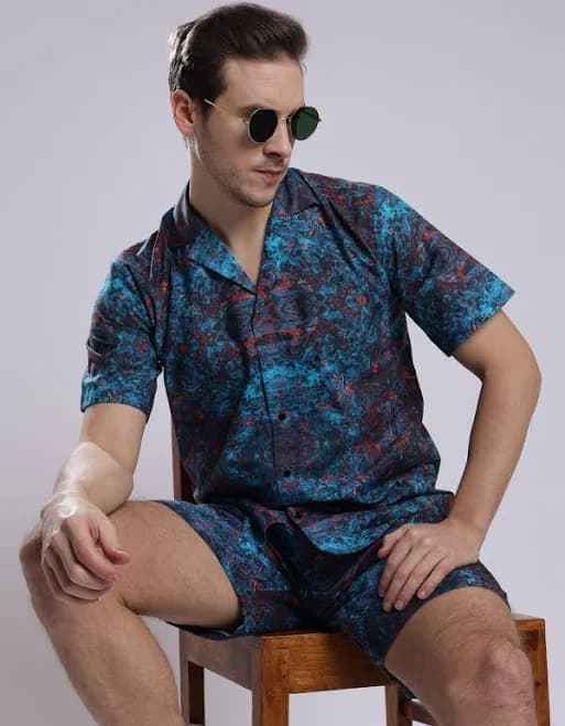Brand Black Jack Men's Multicolor Abstract Print Linen Shorts Co-Ord Set