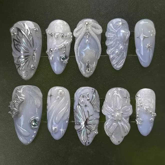 Handmade Butterfly Pearl Star Moon Press On Nails