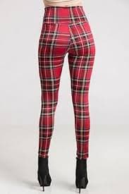 2Chique Boutique Women's Plaid High Waist Cut Out Knee Leggings (Small) Red at Amazon Women's Clothing store