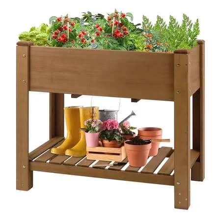 33" Elevated Planter Box with Storage Shelf Solid Wood Raised Garden Bed with Reinforced Brackets