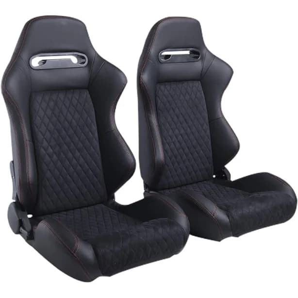 2 PCS Racing Bucket Seats For Cars Black Suede Center Red Diamond Stitch Sport | Leather | Reclining Seat | 2 Years Warranty | Right/Left/Front