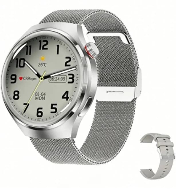 SKRAN - Round Screen Sports Smartwatch with Bluetooth Calling - Waterproof, Smartwatch with Voice Assistant -Mesh + Silicone - Silver - (2026)