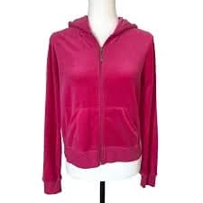 Vintage F & F Hot Pink Full Zip Velour Hoodie Womens Size Large Y2K Kangaroo