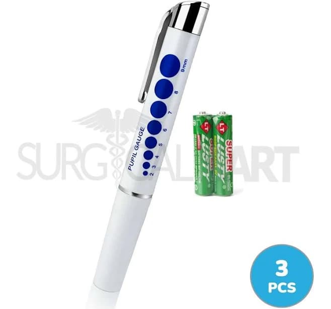 3 LED Medical Diagnostic Reusable Penlight with Pupil Gauge + AAA Batteries - White | SM3584