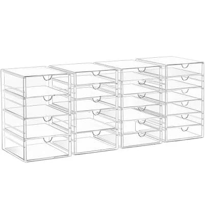AMALEKO Acrylic Drawer Organizers - 21 Drawers 4 Set - Clear Storage Drawers for Office Supplies - Stackable Makeup Organizer - Dustproof Desk