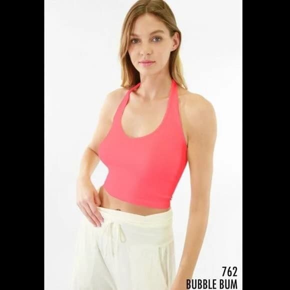 Pink Ribbed Halter Crop Top With Vee Neckline