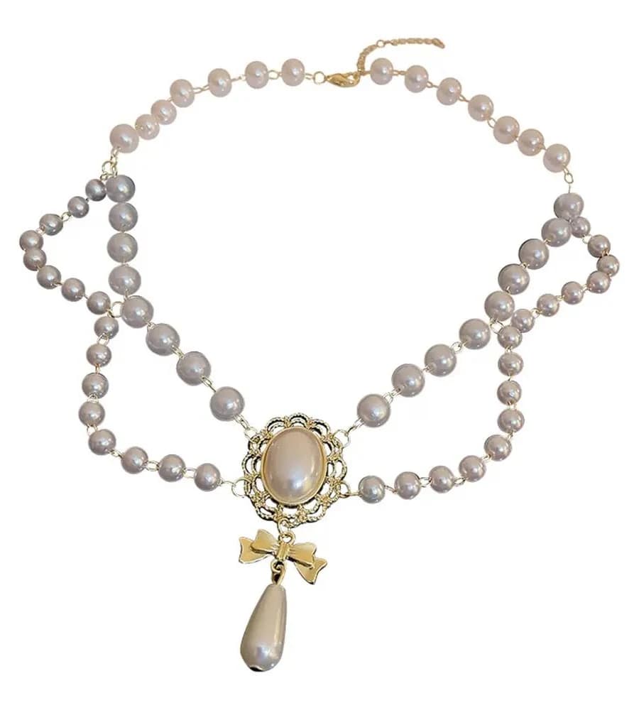 Vintage Pearl Heart Bowknot Necklace