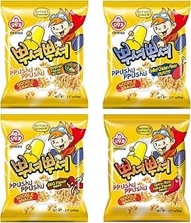 OTTOGI PPUSHU PPUSHU Crush to Eat Noodle Snack- 1 of each Bbq, Bulgogi, Grilled Chicken, Spicy Rice Cake Flavors Variety Pack (90g) - 4 Pack