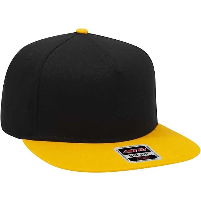 Otto Cap Snapback Hat Black Yellow Caterpillar CAT Visor 5 Panel Mid Profile