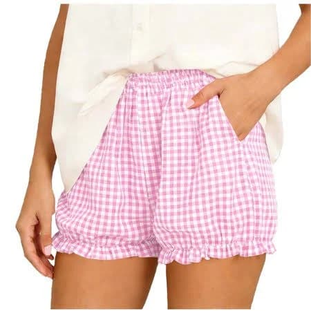 Hadst Women's Elastic Waist Gingham Ruffle Shorts with Side Pockets