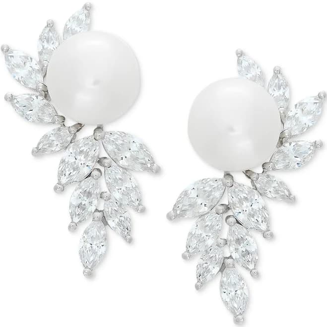 Arabella Sterling Silver Cultured Freshwater Pearl and Cubic Zirconia Drop Earrings