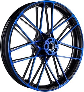Motorcycle Front Wheel Sleek Double-Spoke Wheel, 21" x 3.5", 14 Spokes Each Side, 21 inch Front Wheel, Fits Select 2009-2023 Harley Touring Road Glide, Street Glide (Blue CNC Contrast)