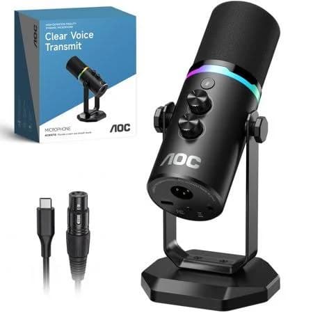 Aoc Usb/xlr Dynamic Microphone for Podcast Recording, PC Computer Gaming Streaming Mic with RGB Light, Mute Button, Headphones Jack, Desktop Stand,