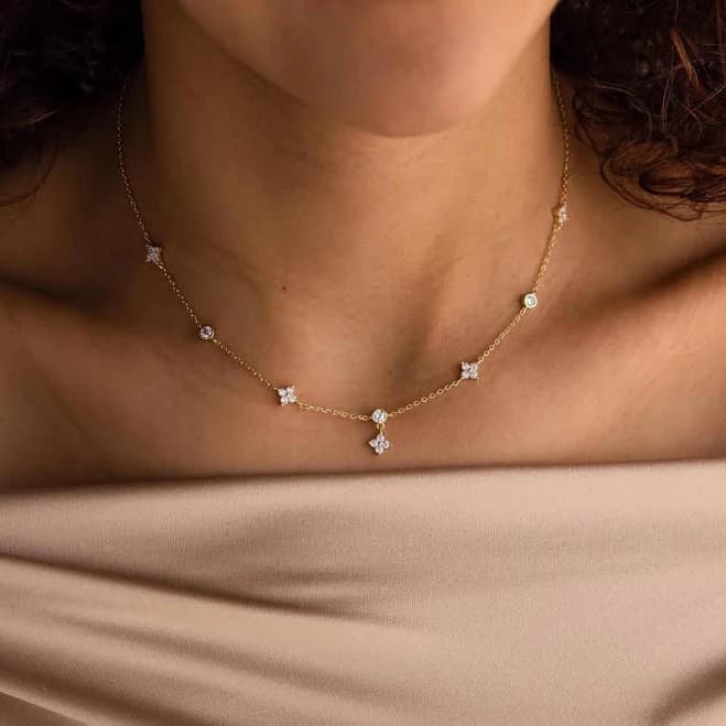 Caitlyn Minimalist Ivy Flower Diamond Station Charm Necklace