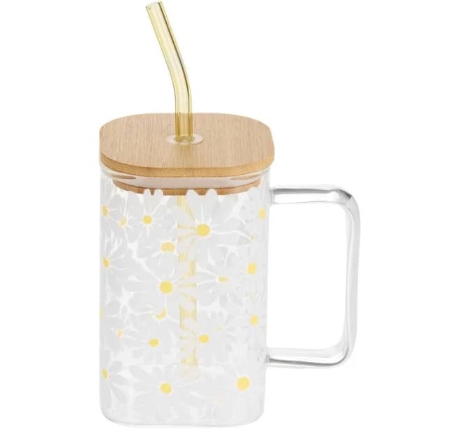 World Market Yellow Glass Daisy to Go Tumbler with Straw
