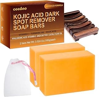 Kojic Acid Soap for Dark Spot Remover Bars with Turmeric, Vitamin C, Retinol, Collagen with Hyaluronic Acid, Vitamin E, Shea Butter, Castile Olive Oil - 3.52 OZ x 2 Bars with Soap Holder & Bag