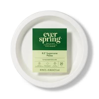 Everspring Disposable Sugarcane Plates 8.5" White 20 ct