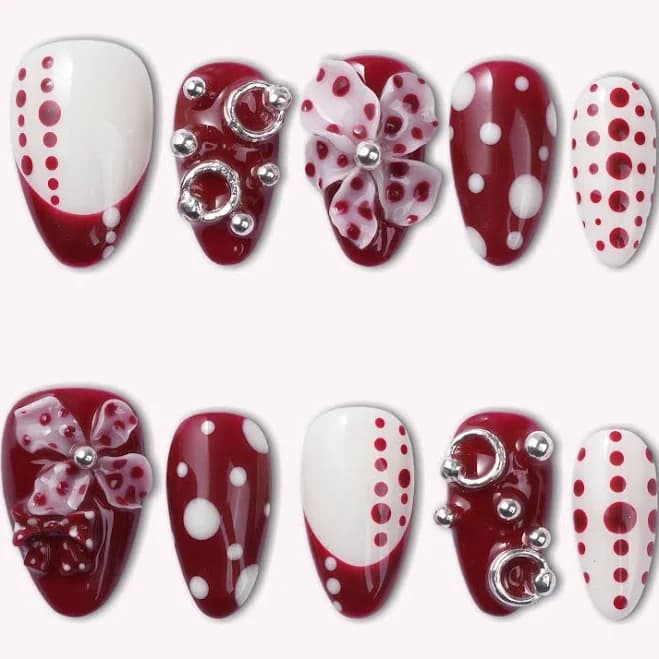 BEYONDCANVA Parisian Polka Diamond Dots Bow French 3D Handmade Press On Nails