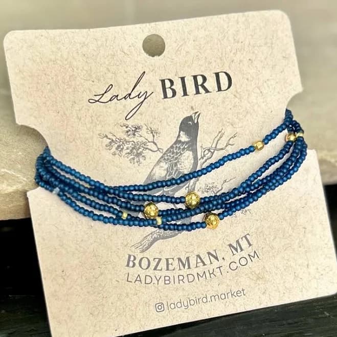 Navy Blue & Silver or Gold-Sprinkled Beaded 5-Wrap Boho Bracelet Gold