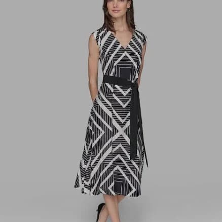 KARL LAGERFELD PARIS Women's Sleeveless Geo-Print Belted V-