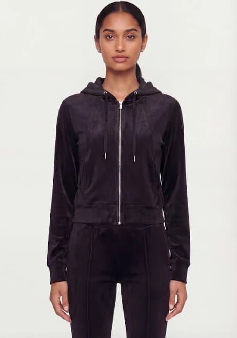 Womens Solid Velour Zip Front Hoodie, Black, Size M - Rainbow Shops