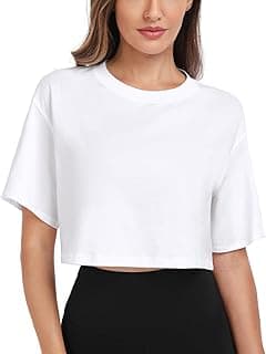 Pima Cotton Short Sleeve Workout Cropped Tops for Women Crew Neck Casual Basic Athletic Crop T-Shirt