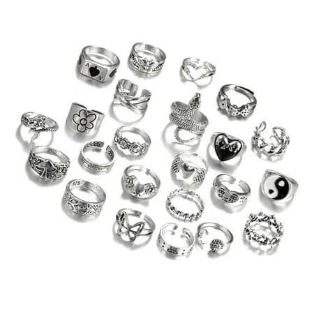 Y2K Gothic Silver Flower and Butterfly Ring Set