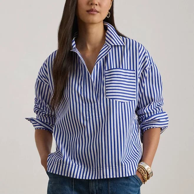 Ralph Lauren Women's Petite Striped Long-Sleeve Cropped Shirt