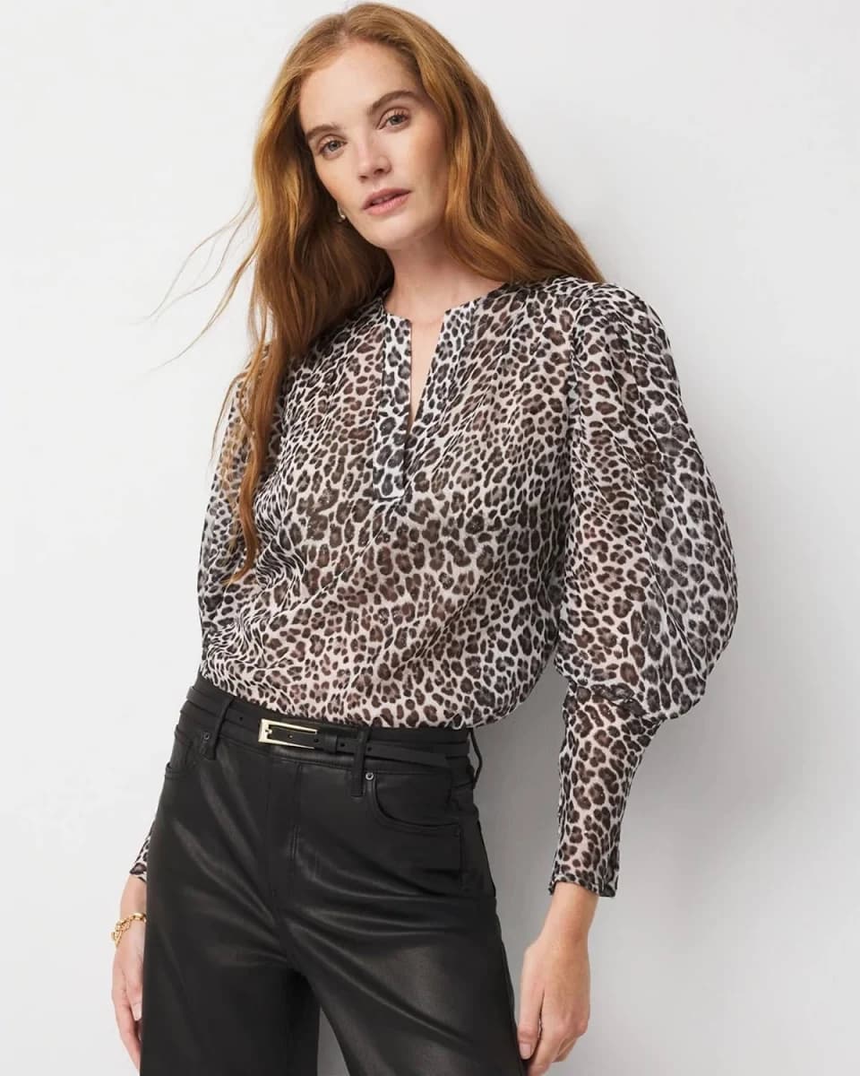 White House Black Market Women's Leopard Jacquard Pleat Sleeve Blouse