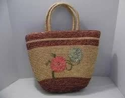Vintage Straw tote beach bag, lined, embroidered flowers, 15w x 14L Tan.