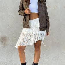 Owl's-Yard Women Sexy Floral Lace Mini Skirt Y2K Low Rise Pleated Flowy Micro Skirt A-line Ruffled Hem Short Skirt (D-01, S) at Amazon Women's Clothing store