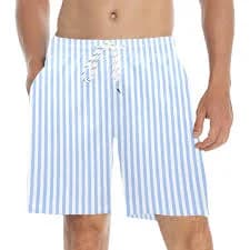 Blue White Striped Men Swim Trunks, Mid Length Shorts Beach Pockets Mesh Lining Drawstring Boys Casual Bathing Suit Plus Size Swimwear