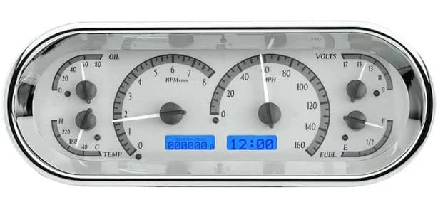 Dakota Digital Universal 4.4" x 11.4" Round Rectangle Analog VHX Gauges Metric (Kilometers per Hour and Celsius) / Silver / Blue