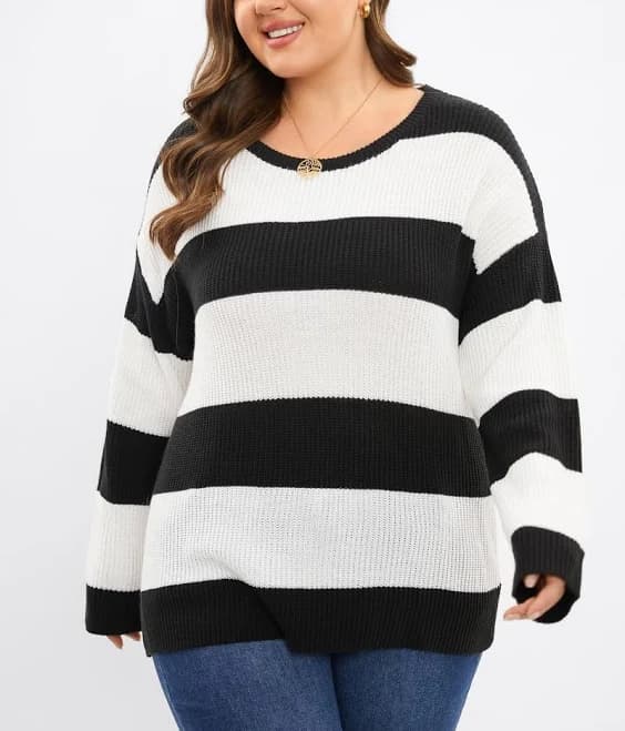 Meet.Curve Women's Round Neck Soft Loose Stripe Sweater