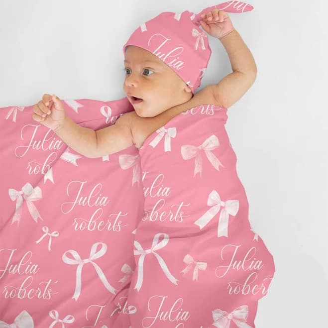 Pink Coquette Bow Personalized Baby Name Swaddle Blanket