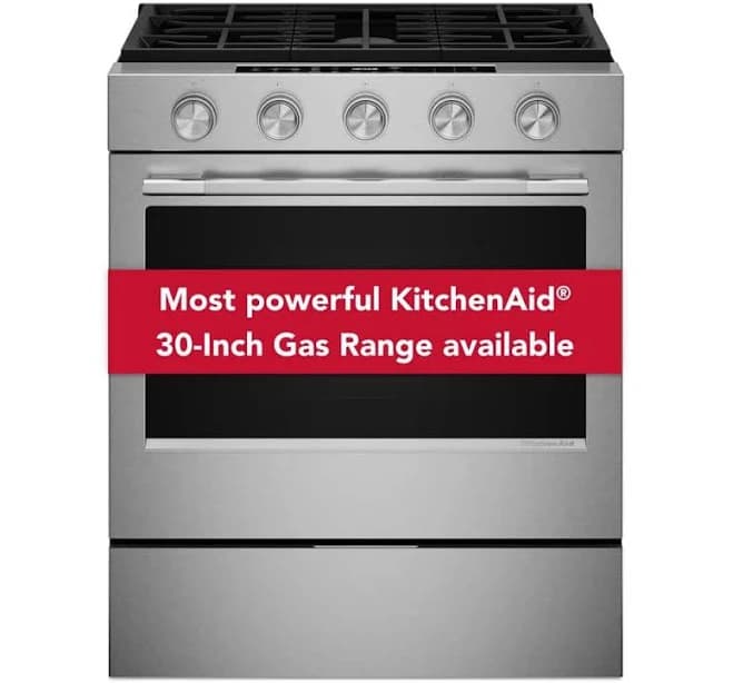 KitchenAid 30" Smart Slide-in Gas Range with Convection Cooking Modes and 2-in-1 Burner ksgs530s