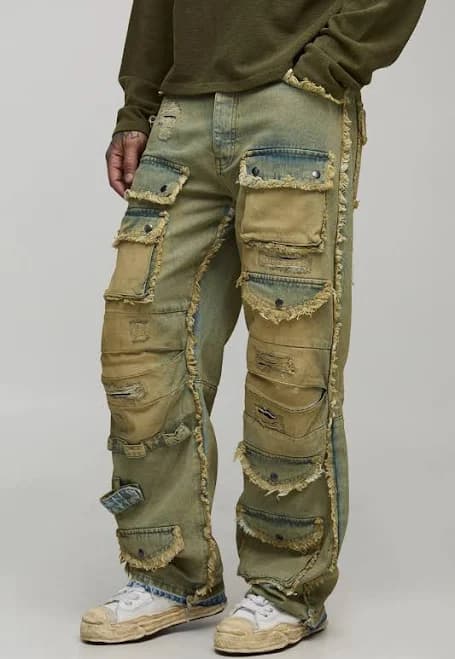 boohooMAN Men's Tall Relaxed Distressed Cargo Jeans