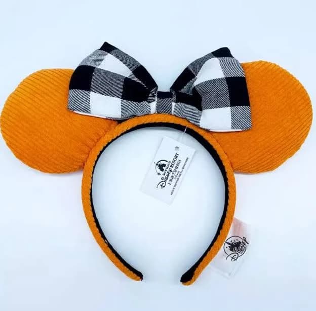 Disney- Park Black And White Checkered Minnie Bow Orange Headband Ears