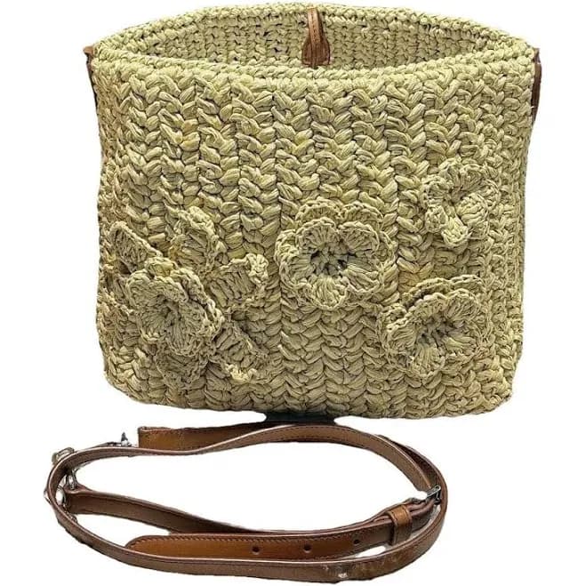 Miu Miu Beige Wicker Floral Shoulder Bag With Leather Strap