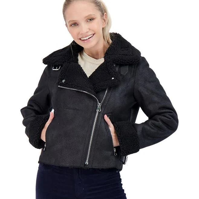 Juniors' Sebby Shearling Moto Jacket Women's