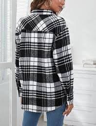 Flygo Women's Oversized Plaid Shacket Jacket Lapel Button Down Brushed Flannel Shirt(Black-S) at Amazon Women's Clothing store