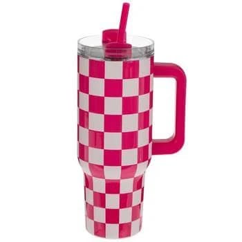 Hobby Lobby Insulated Checkerboard Travel Tumbler with Handle, 40 oz, Lavender and Silver, Straw Included