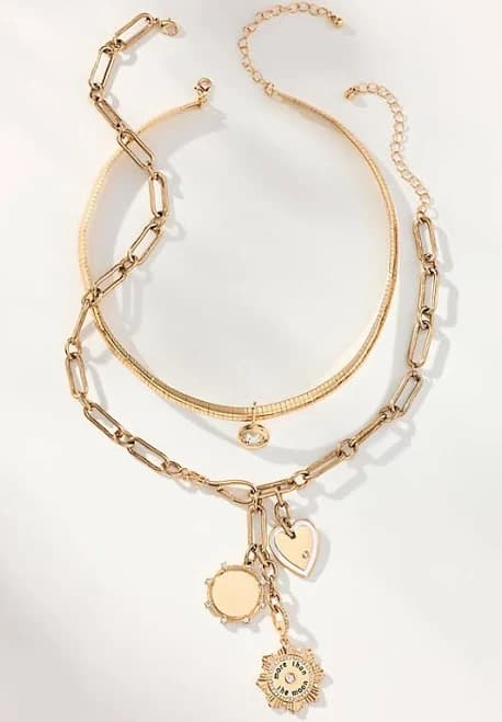 Anthropologie Layered Paperclip Chain Charm Necklaces - Gold