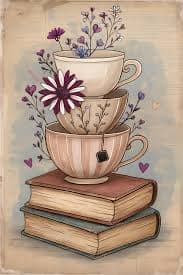 Whimsical Stacked Books and Teacups - Floral Accents and Pastel Stripes - Digital Download - Phone Background - Wallpaper - Etsy Canada