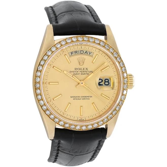 Rolex 18K Yellow Gold Day-Date President 18038 for Men, 36mm, Automatic, Black Leather Strap, 1979
