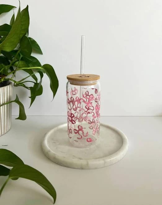 Pink Bow Iced Coffee Glass