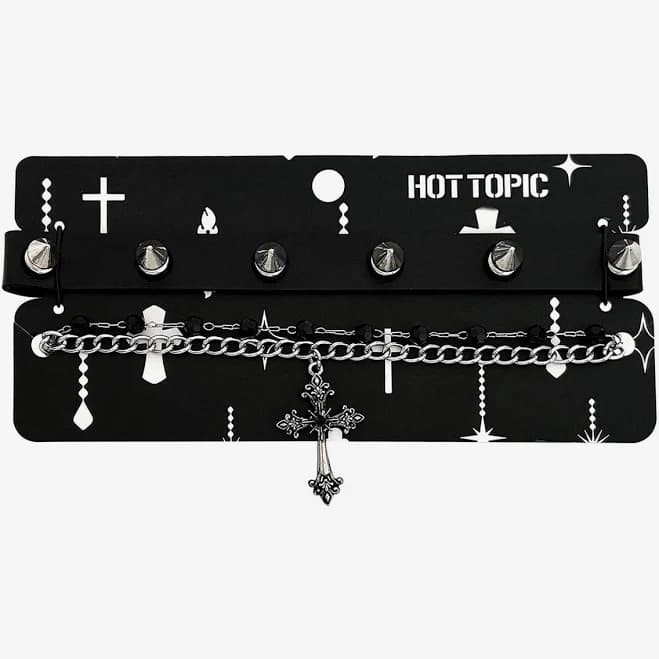 Goth Cross Bead Spiky Choker Necklace Set