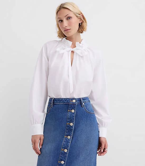 Loft Women's Poplin Ruffle Neck Bow Blouse